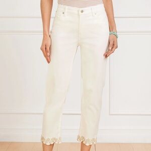 Talbots Women 2P Ivory Denim Stretch Slimming Straight Crop Scallop Hem Jean NWT